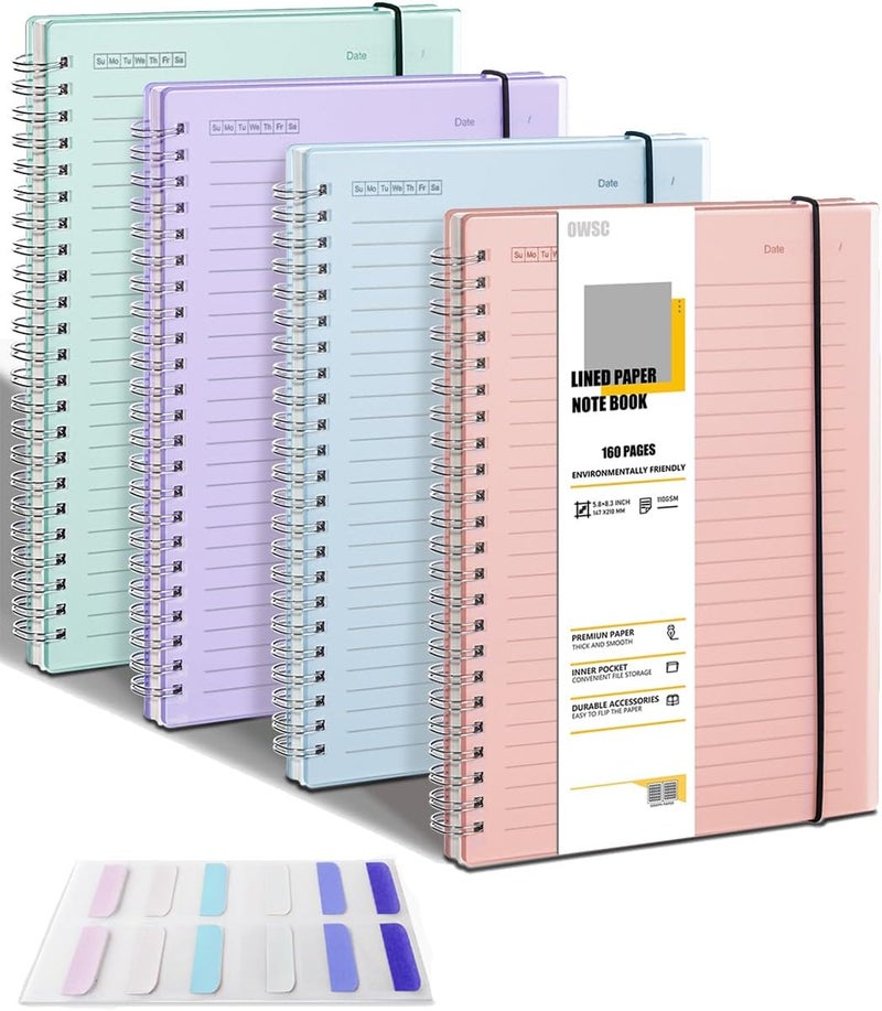 OWSC 4 Pack Lined Spiral Notebook, 5.9 x 8.3 Inches Notebooks for Work, School and Journal with 110 GSM Thick Paper, Small Notebook with 80 Sheets/160 Pages, Notebooks College Ruled for Note Taking - Image 1